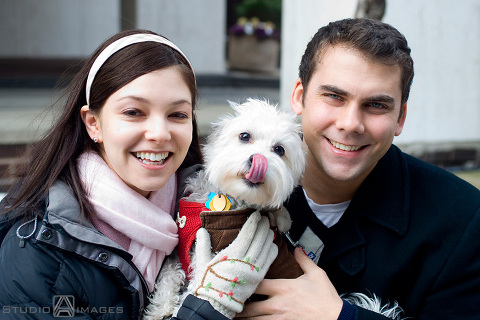 engaged couple with their dog during their NYC engagement session