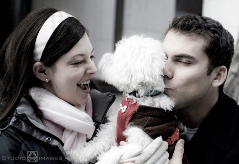 engaged couple with their dog during their NYC engagement session