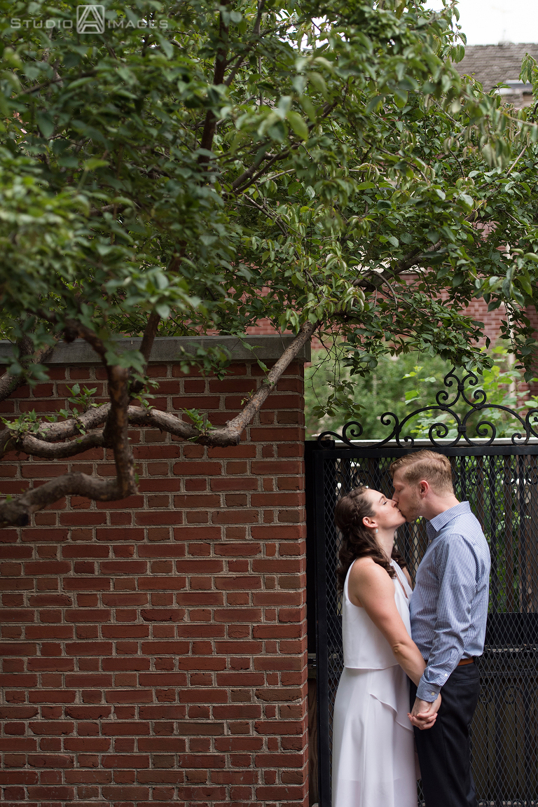 couple at 18th century garden in Philadelphia for their engagement photos