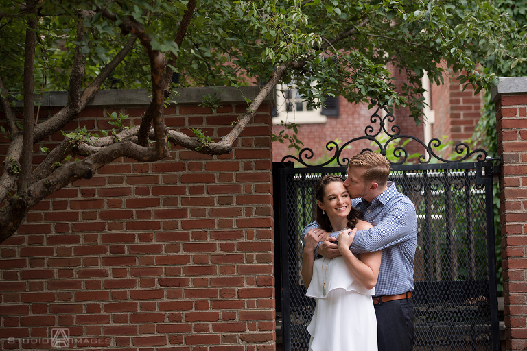 couple at 18th century garden in Philadelphia for their engagement photos