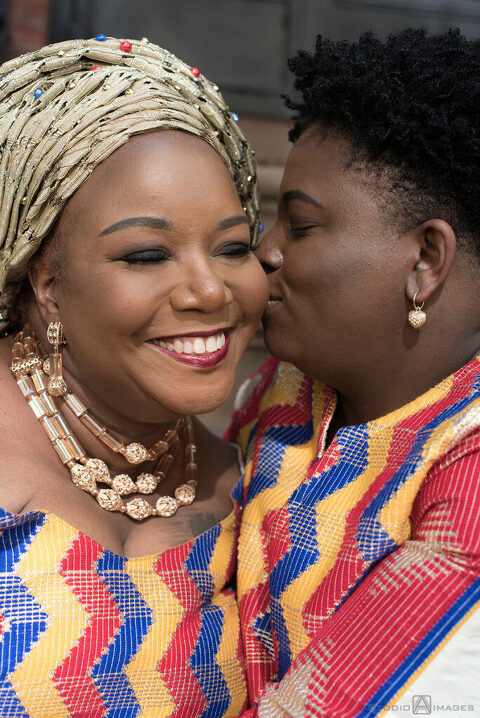 brides in Nigerian-inspired outfits on their wedding day in Brooklyn.  LGBTQ wedding 