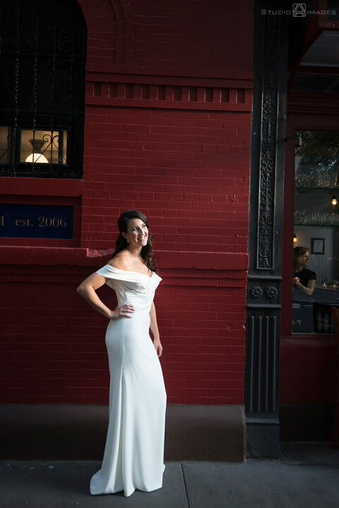 bride on their wedding day in the West Village, NYC before their wedding at Little Owl Townhouse