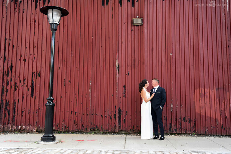 bride and groom on their wedding day in the Hoboken before their wedding reception at Kolo Klub