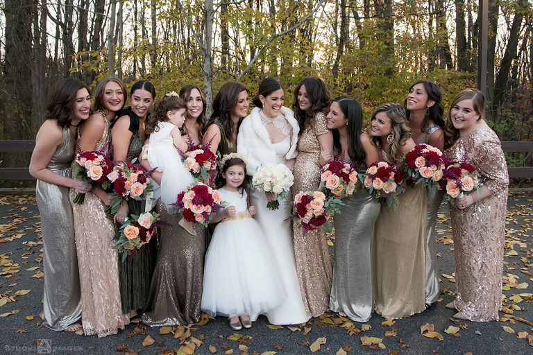 bride and bridesmaids on their wedding day at Temple Emanu-El of Closter