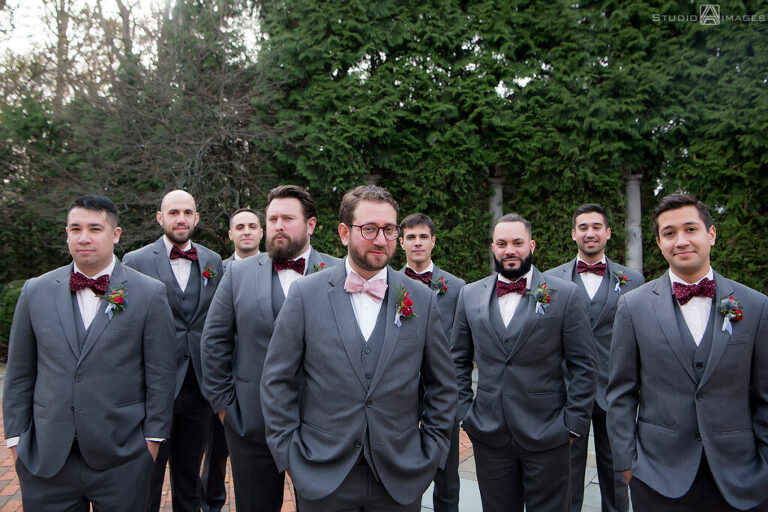groom and groomsmen at Florentine Gardens on their wedding day