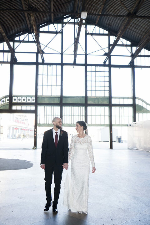 bride and groom in Asbury Park Casino on their wedding day in Asbury Park.