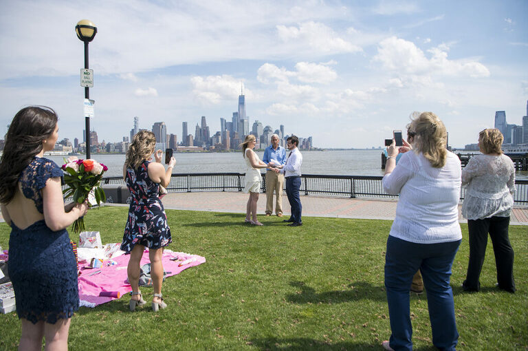 Socially distanced micro wedding ceremony on Pier A in Hoboken