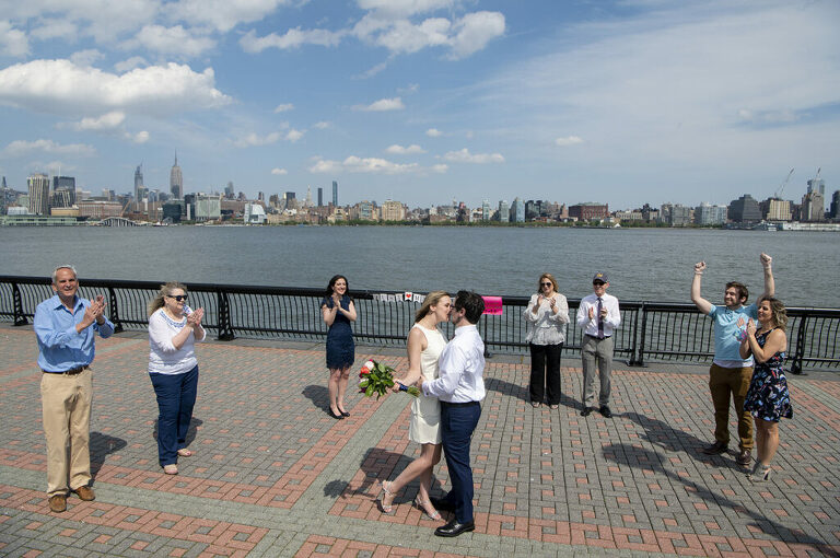 Socially distanced micro wedding family photos on Pier A in Hoboken