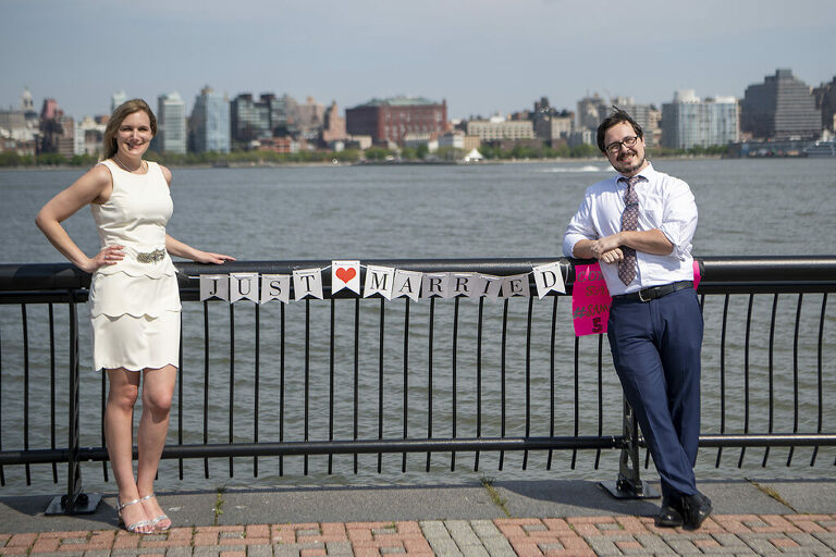 Couple celebrates their micro wedding on Pier A in Hoboken