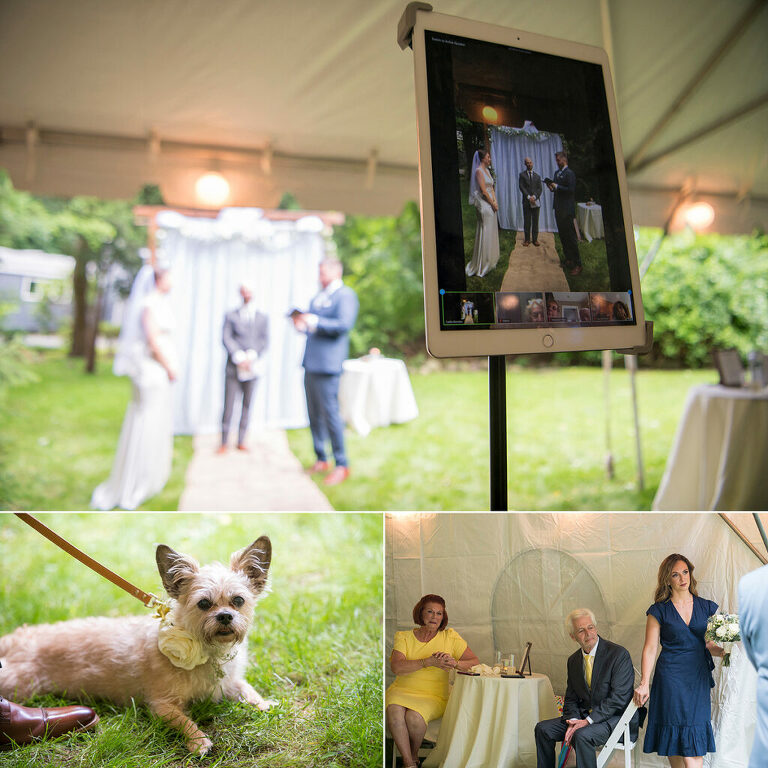 New York backyard wedding ceremony with people watching in person and on zoom