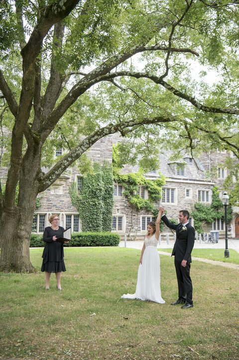 intimate wedding at Princeton University. Bride and groom celebrate