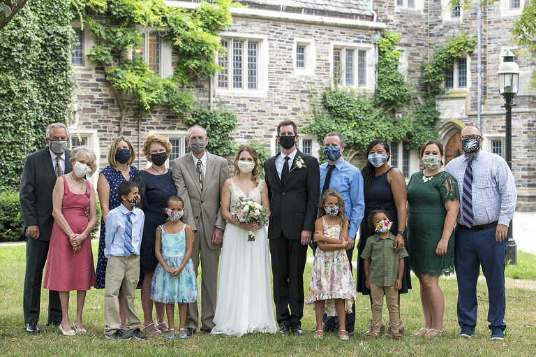intimate wedding at Princeton University with family wearing face masks