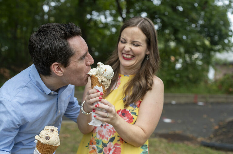Newtown Engagement Photos with ice cream from Goodnoe's