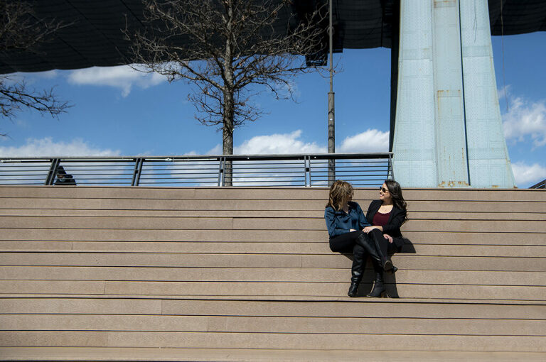 LGBTQ couple at Penn's Landing during their Philadelphia Engagement Session