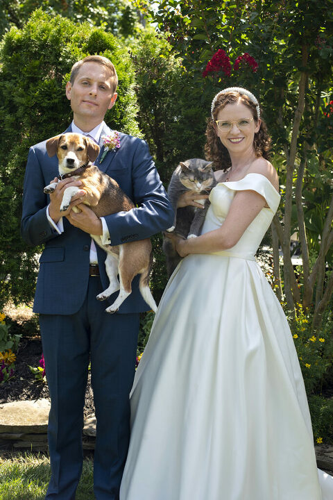 bride and groom with their pets on their wedding day in Atlantic Highlands | NJ Intimate Wedding Photographer