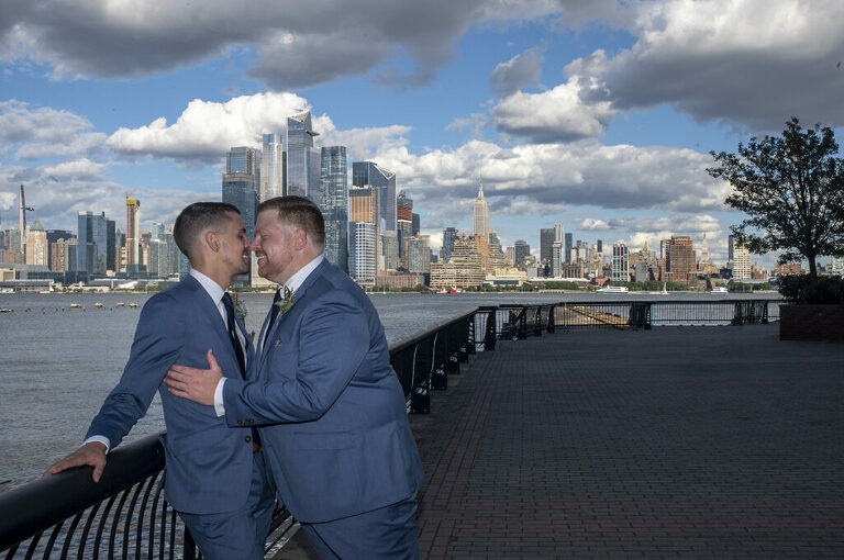 grooms on their wedding day in Hoboken with NYC skyline
