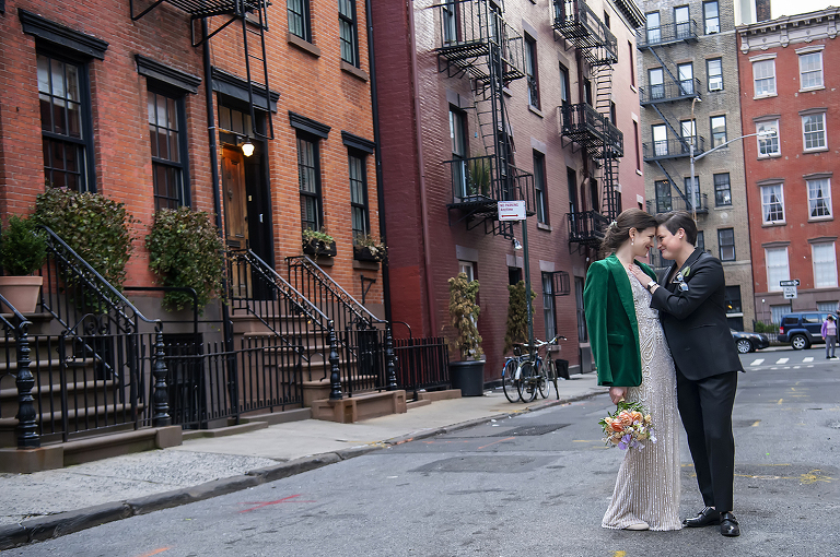brides on their wedding day in the West Village, NYC. LGBTQ wedding