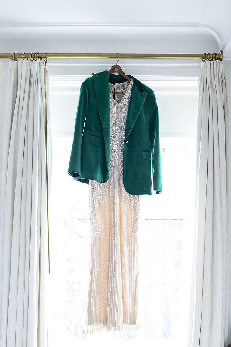 white wedding dress with green jacket for NYC intimate wedding