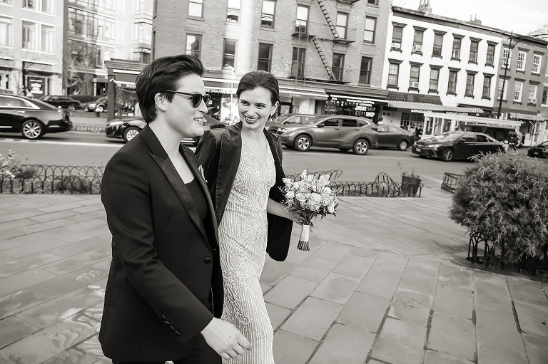 2 brides wedding portraits after their West Village intimate backyard wedding in NYC. LGBTQ wedding
