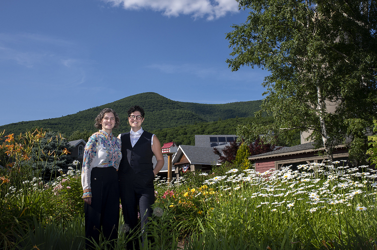 Two brides on their wedding day at Catamount at Emerson Lodge in the Catskills. LGBTQ wedding
