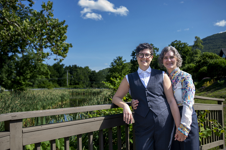 Two brides on their wedding day at Catamount at Emerson Lodge in the Catskills. LGBTQ wedding