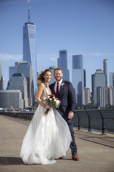 bride and groom first look on fall wedding at Liberty House in Jersey City