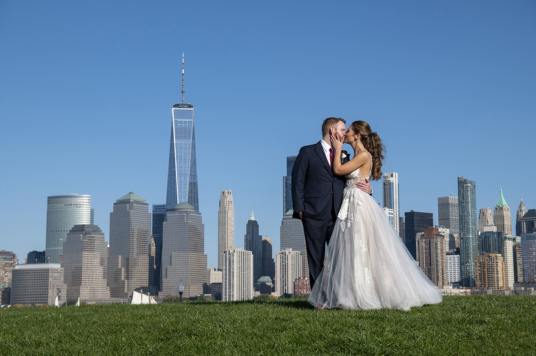 bride and groom on fall wedding day at Liberty House in Jersey City