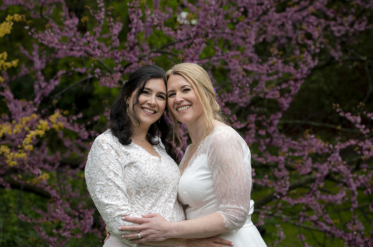 Two brides on their wedding day at Reeves-Reae Arboretum | LGBTQ wedding photographer