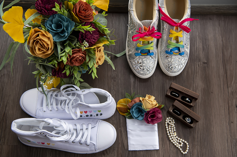 rainbow shoes and flowers for wedding at Stone House at Stirling Ridge