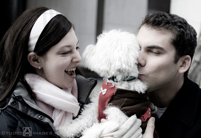 engaged couple with their dog during their NYC engagement session