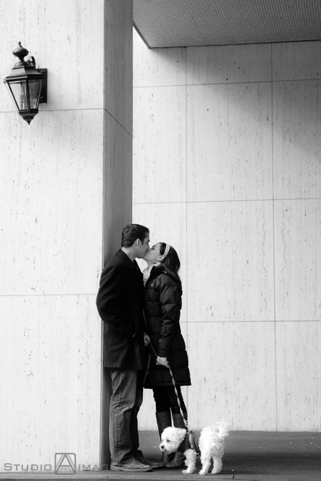 engaged couple with their dog during their NYC engagement session