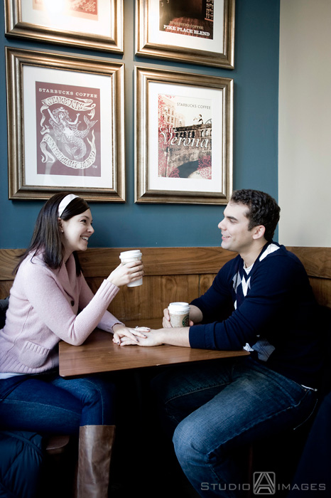 engaged couple at Starbucks during their NYC engagement session on Valentine's Day
