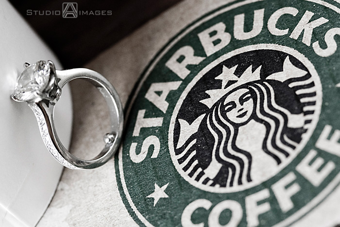 engagement ring against Starbucks coffeecup during NYC engagement session