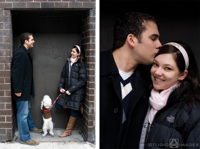 engaged couple with their dog during their NYC engagement session