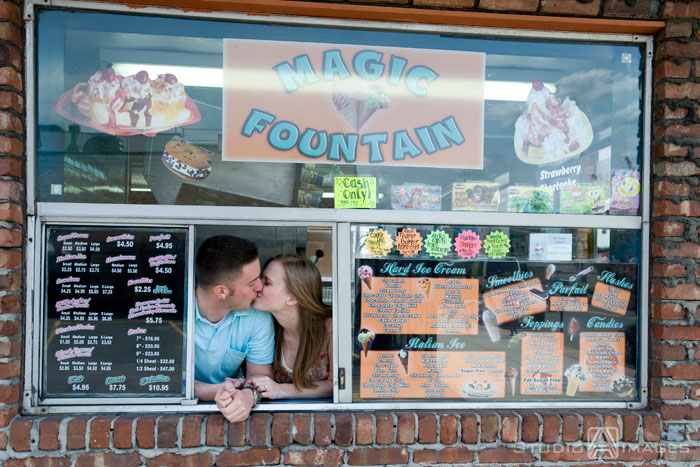 couple kissing in drive through window of ice cream shop, Couples, Engagement, Bayonne, Magic Fountain Ice Cream, Hoboken, Love, NJ, NJ wedding photography, Photography, Portraits, Studio A Images, wedding photography