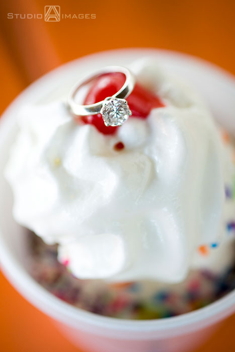 engagement ring placed on ice cream sundae, Couples, Engagement, Bayonne, Magic Fountain Ice Cream, Hoboken, Love, NJ, NJ wedding photography, Photography, Portraits, Studio A Images, wedding photography