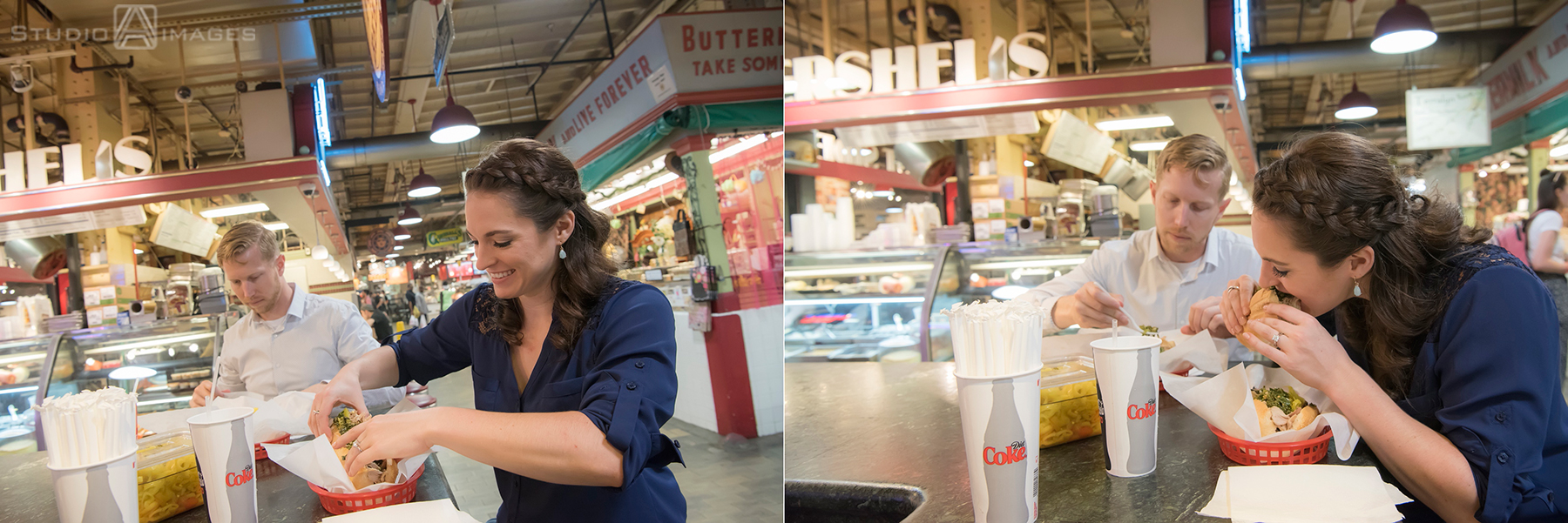 couple at Reading Terminal Market for their engagement photos