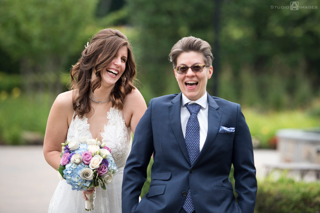 brides first look on wedding day at The Rockleigh | Book Inspired Wedding Photos | Book Themed Wedding Photos | LGBTQ wedding