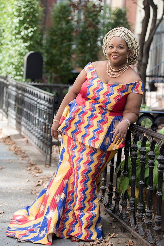 brides in Nigerian-inspired outfits on their wedding day in Brooklyn.  LGBTQ wedding 