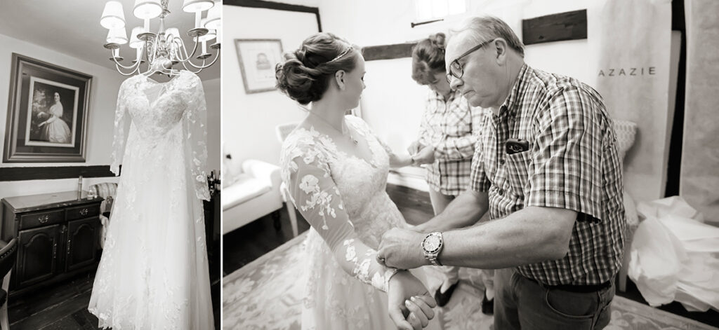 bride getting into her wedding dress on her wedding day at Grain House in Basking Ridge. LGBTQ wedding 