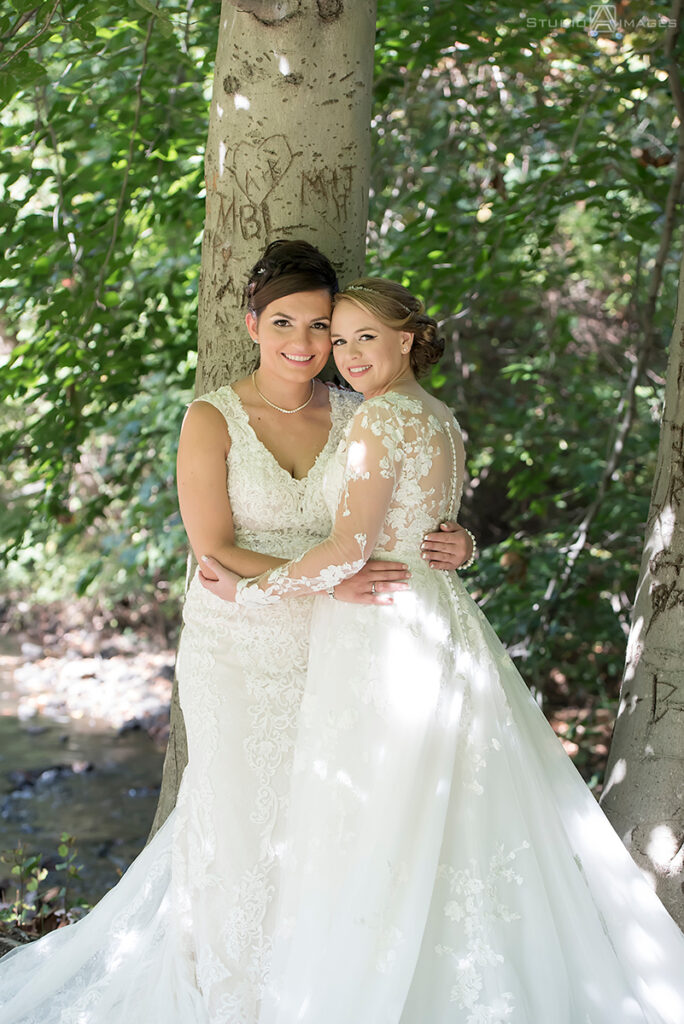 brides posing for portraits on their wedding day at Grain House in Basking Ridge. LGBTQ wedding 