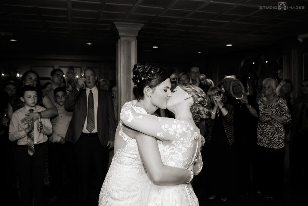 brides dancing their first dance during wedding reception at Grain House in Basking Ridge. LGBTQ wedding 