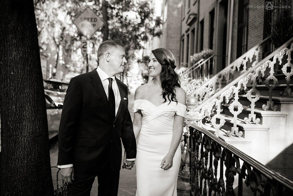 bride and groom on their wedding day in the West Village, NYC before their wedding at Little Owl Townhouse