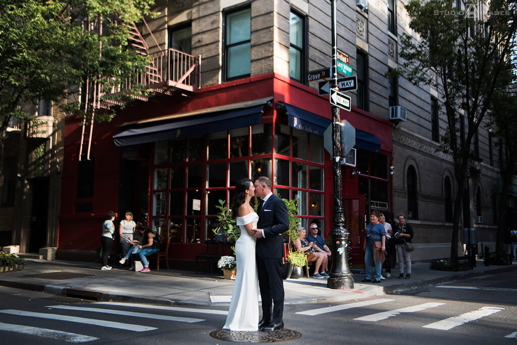 bride and groom on their wedding day in the West Village, NYC before their wedding at Little Owl Townhouse