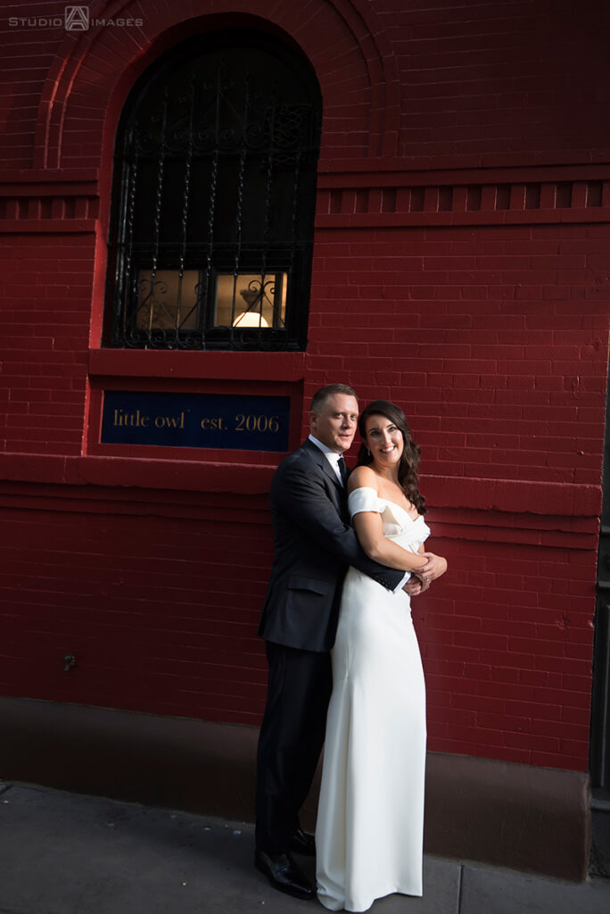 bride and groom on their wedding day in the West Village, NYC before their wedding at Little Owl Townhouse
