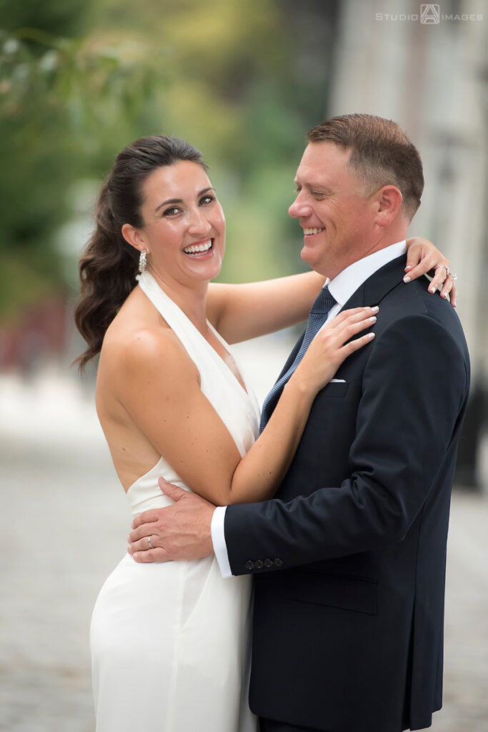 bride and groom on their wedding day in the Hoboken before their wedding reception at Kolo Klub