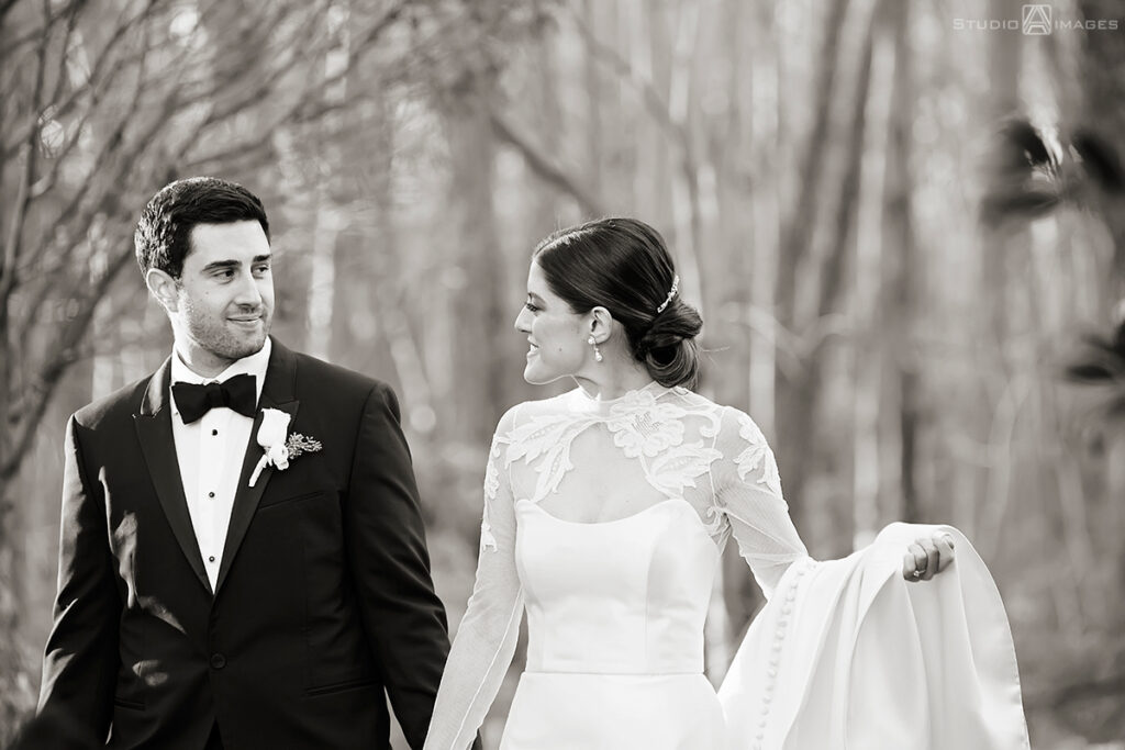 bride and groom on their wedding day at Temple Emanu-El of Closter
