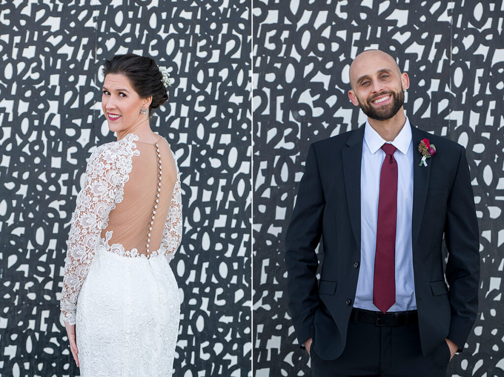 bride and groom in front of Asbury Park murals on their wedding day in Asbury Park.