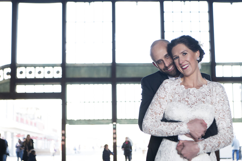 bride and groom in Asbury Park Casino on their wedding day in Asbury Park.