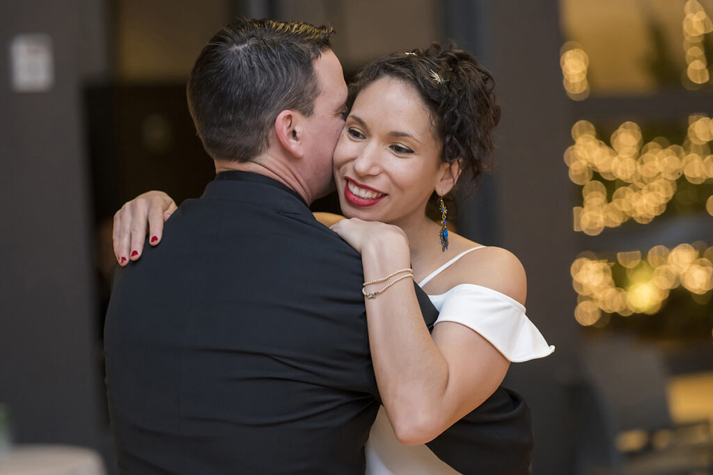 bride and groom dance their first dance at wedding reception on wedding day at The Asbury Hotel in Asbury Park